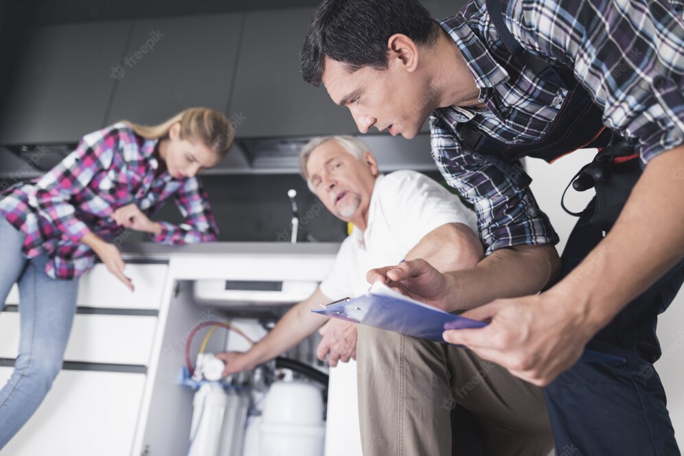 woman-shows-plumbers-broken-kitchen-sink_85574-10181
